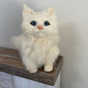 Vintage White Real Rabbit Fur Glass Eyes Stuffed Cat Figurine Toy Plush Kitty
